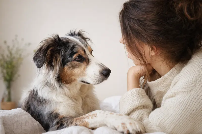 Nahaufnahme eines Aidi Hundes mit aufmerksamem Blick, der vertrauensvoll und freundlich wirkt.